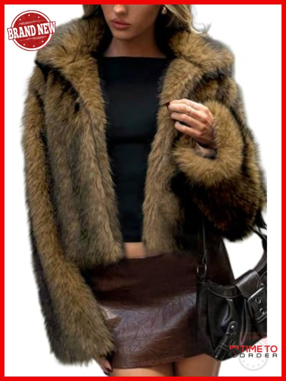 Two-Tone Faux Fur Coat with Lapel Collar - Fluffy Winter Jacket